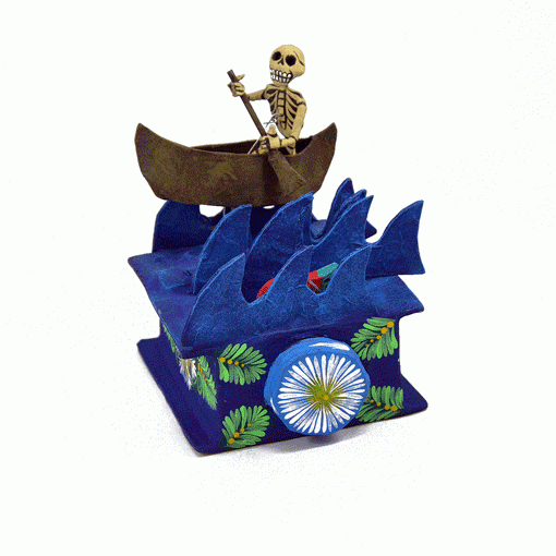 Cartoneria (Mexican Paper Mache) Josue Eleazar Castro: Rowing Skeleton with Red Fish cartoneria