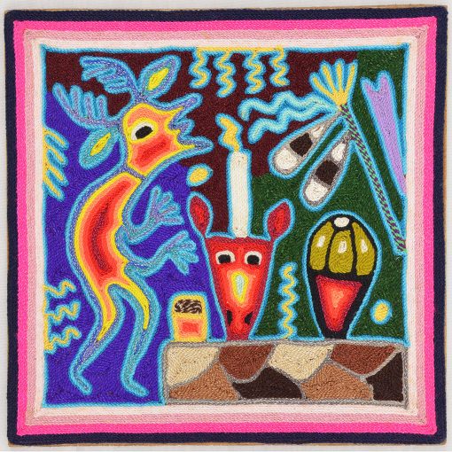 Wixárika (Huichol) Art Maximino Renteria de la Cruz & Yolanda Diaz Medina: Huichol Yarn Painting 8″ Shamanism