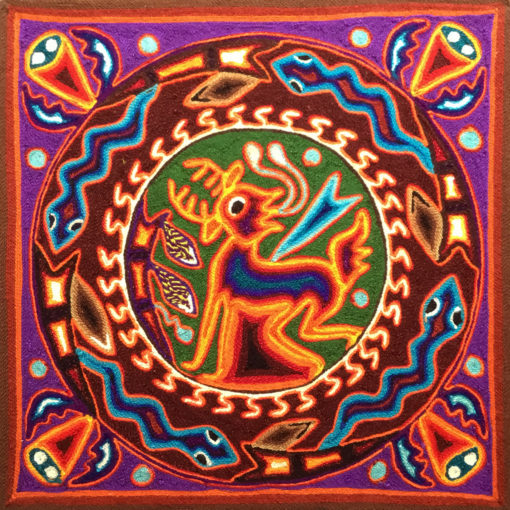 Wixárika (Huichol) Art Rogelio Torres 12″ Huichol Yarn Painting: Hunt of the Deer God Yarn Art