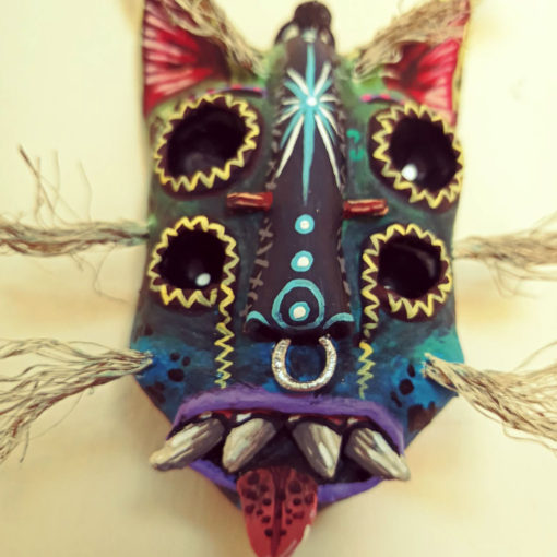 Cartoneria (Mexican Paper Mache) Isaias Alejandro Morales Delgado: Tecuán Nahui – Mini Wild Beast Mask with Stand Alebrijes