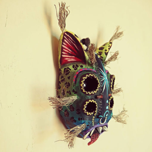 Cartoneria (Mexican Paper Mache) Isaias Alejandro Morales Delgado: Tecuán Nahui – Mini Wild Beast Mask with Stand Alebrijes