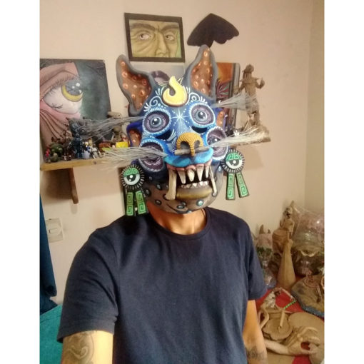 Cartoneria (Mexican Paper Mache) Isaias Alejandro Morales Delgado: Nahual Azul / Blue Nahual Mask Alebrijes