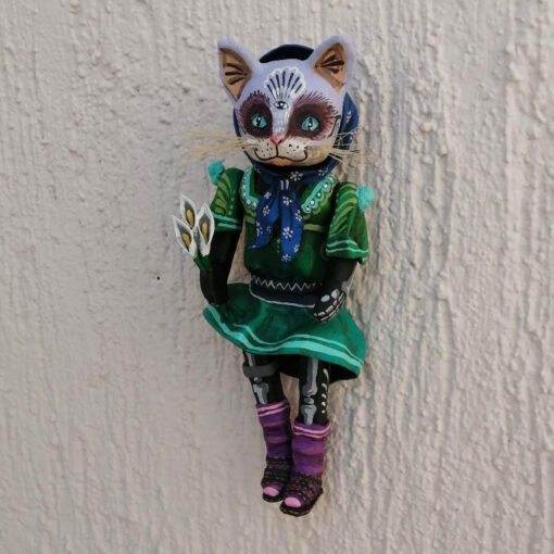 Cartoneria (Mexican Paper Mache) Isaias Alejandro Morales Delgado: Michelle Cat Figure Wall Hanging Alebrijes